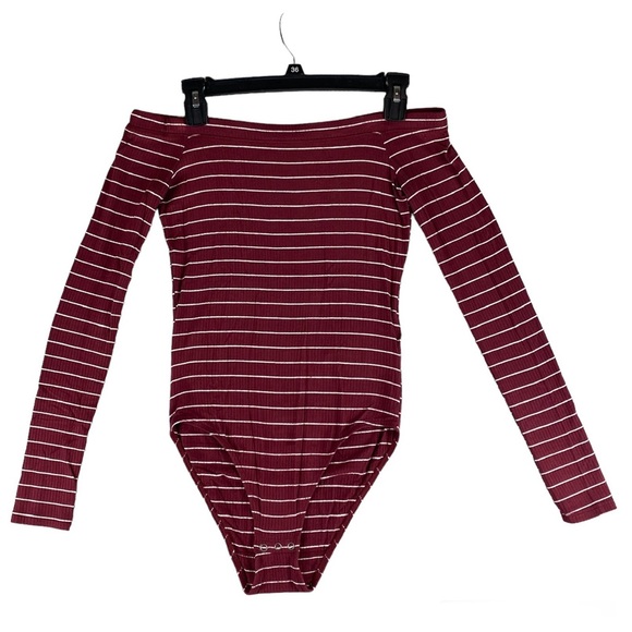 Hollister Long Sleeve Off Shoulder Burgundy Maroon Wht Stripe Leotard Bodysuit S - Picture 6 of 16